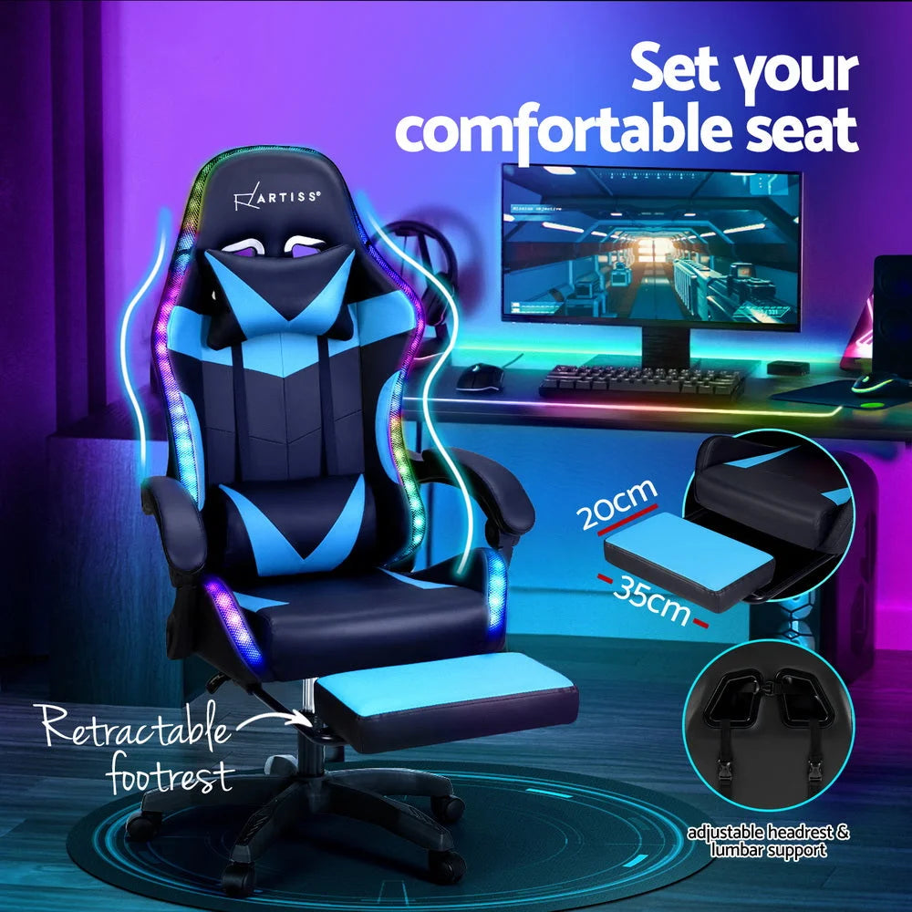 Gaming Office Chair 6 Point Massage 7 LED with Footrest