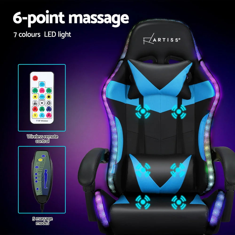 Gaming Office Chair 6 Point Massage 7 LED with Footrest