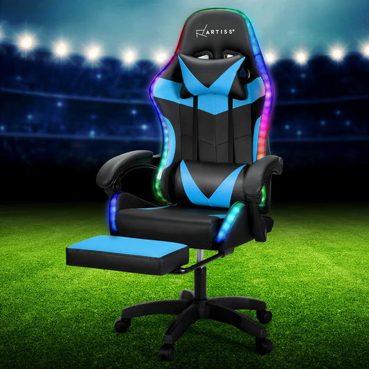 Gaming Office Chair 6 Point Massage 7 LED with Footrest