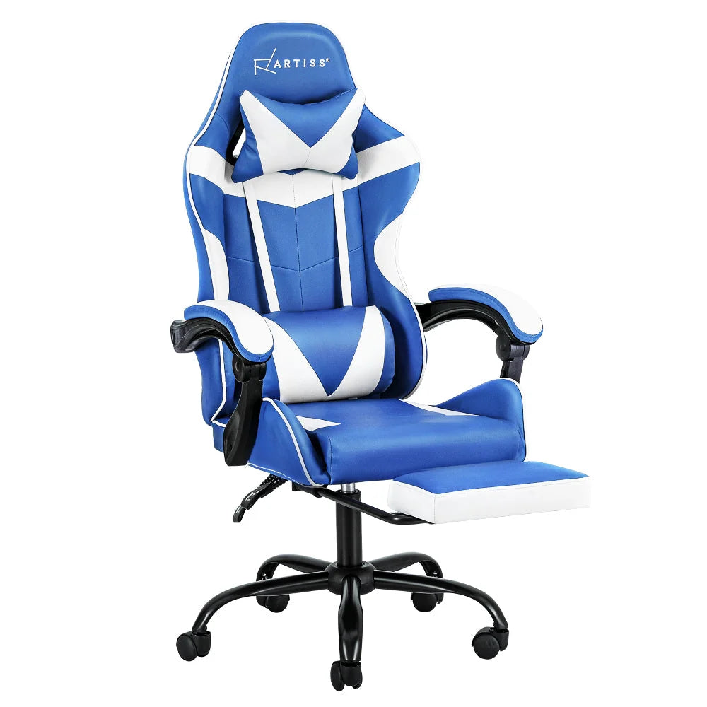Blue white leather office chair with frame detail shown