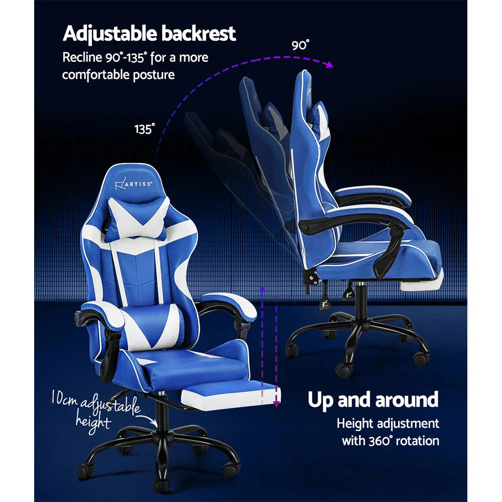 Blue white leather office chair with front angle shown