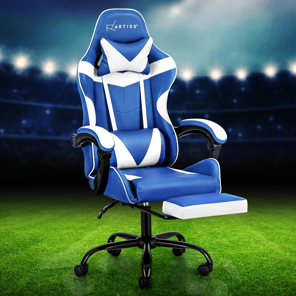 Blue white leather office chair with gaming computer footrest chairs