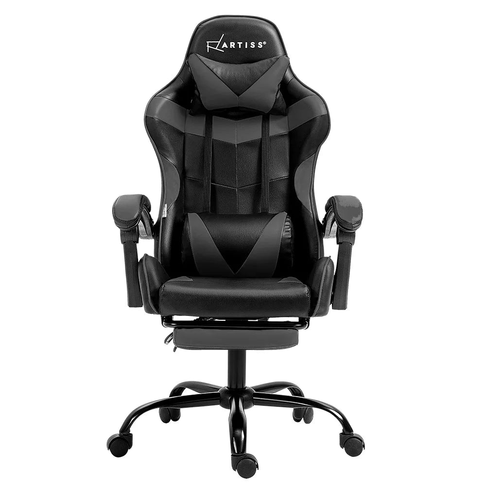 Grey leather office chair with cushioned seat and backrest