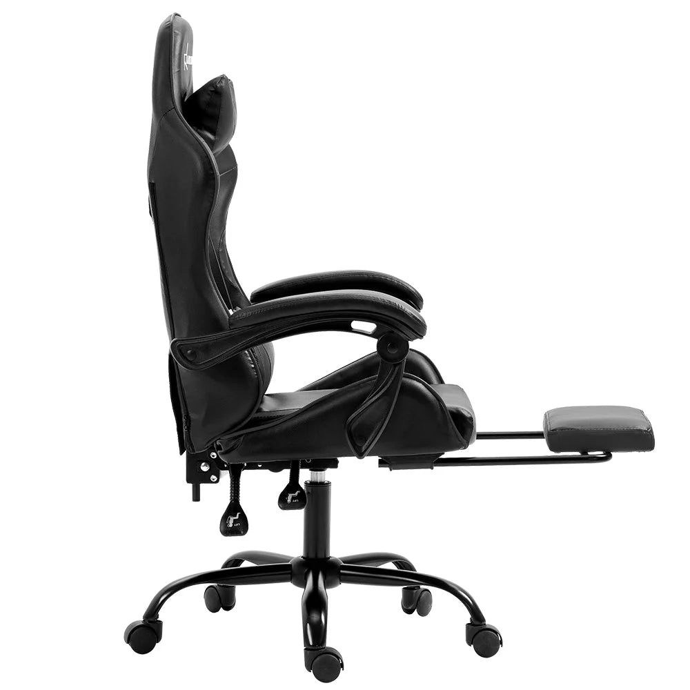 Grey leather office chair with padded seat and sturdy metal frame