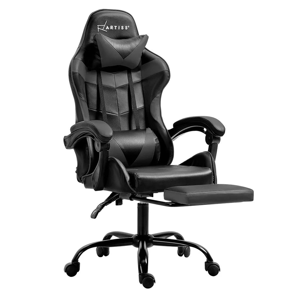 Grey leather office chair with upholstered seat and curved back