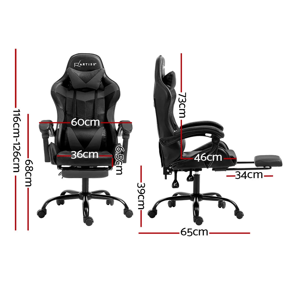 Grey leather office chair with hanging seat and curved stand frame