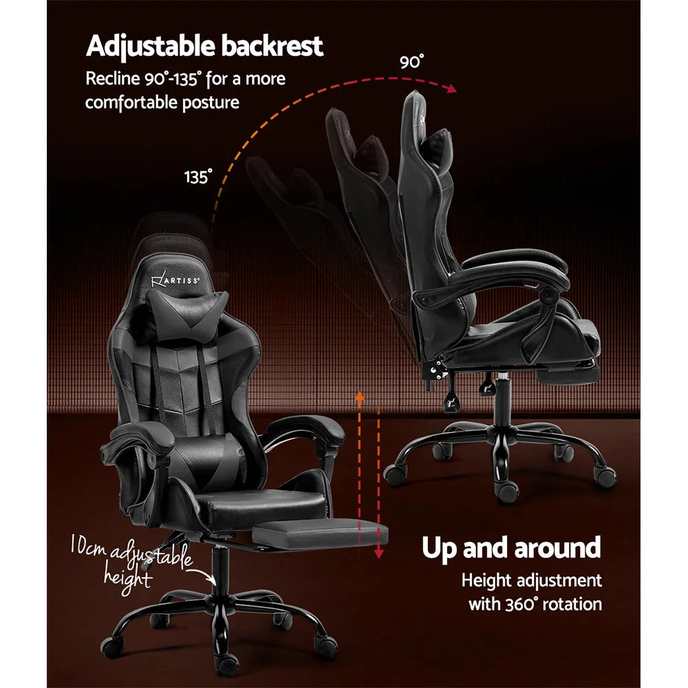 Grey leather office chair with armrests and tapered chair legs