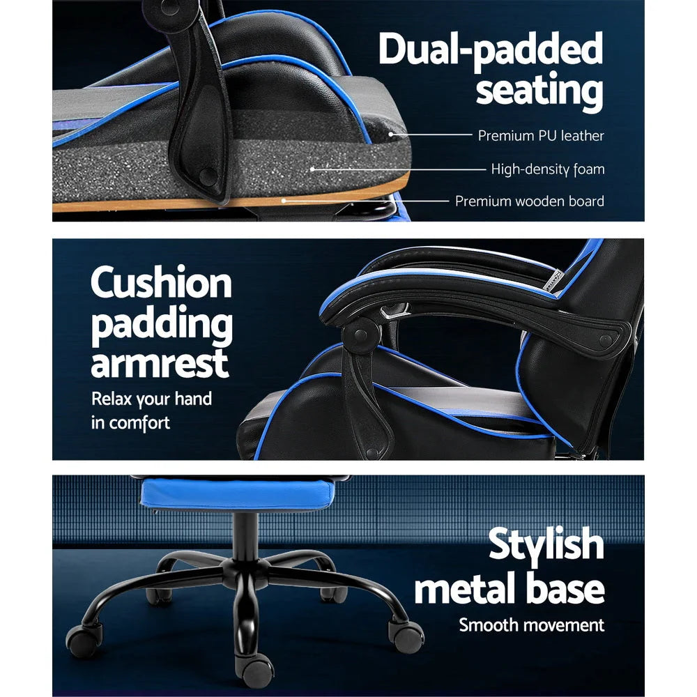 Gaming Office Chair with Footrest 2-Point Massage - Blue