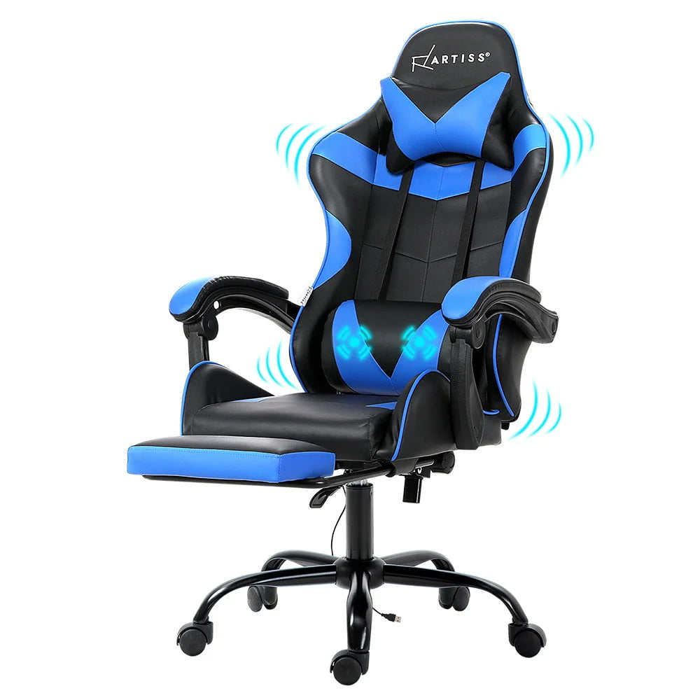 Gaming Office Chair with Footrest 2-Point Massage - Blue