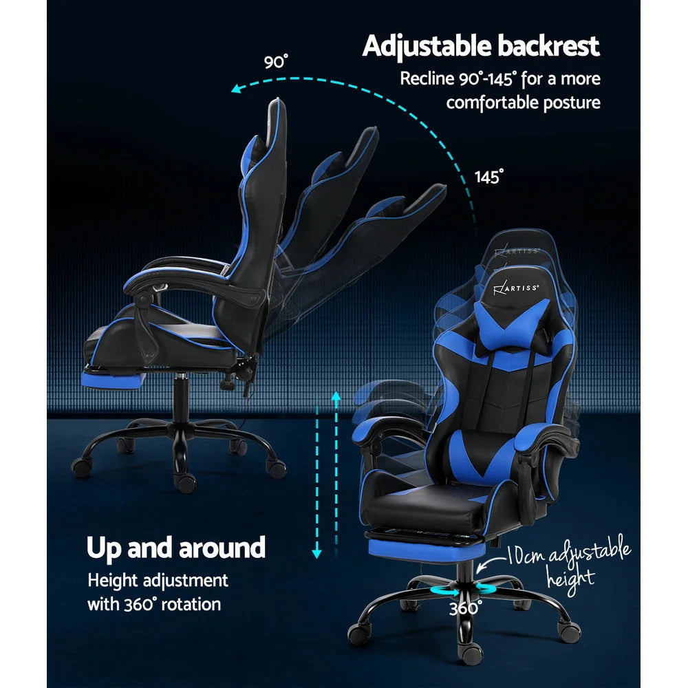Gaming Office Chair with Footrest 2-Point Massage - Blue