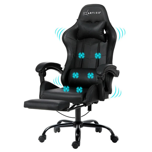 Gaming Office Chair with Footrest 6-Point Massage - Black