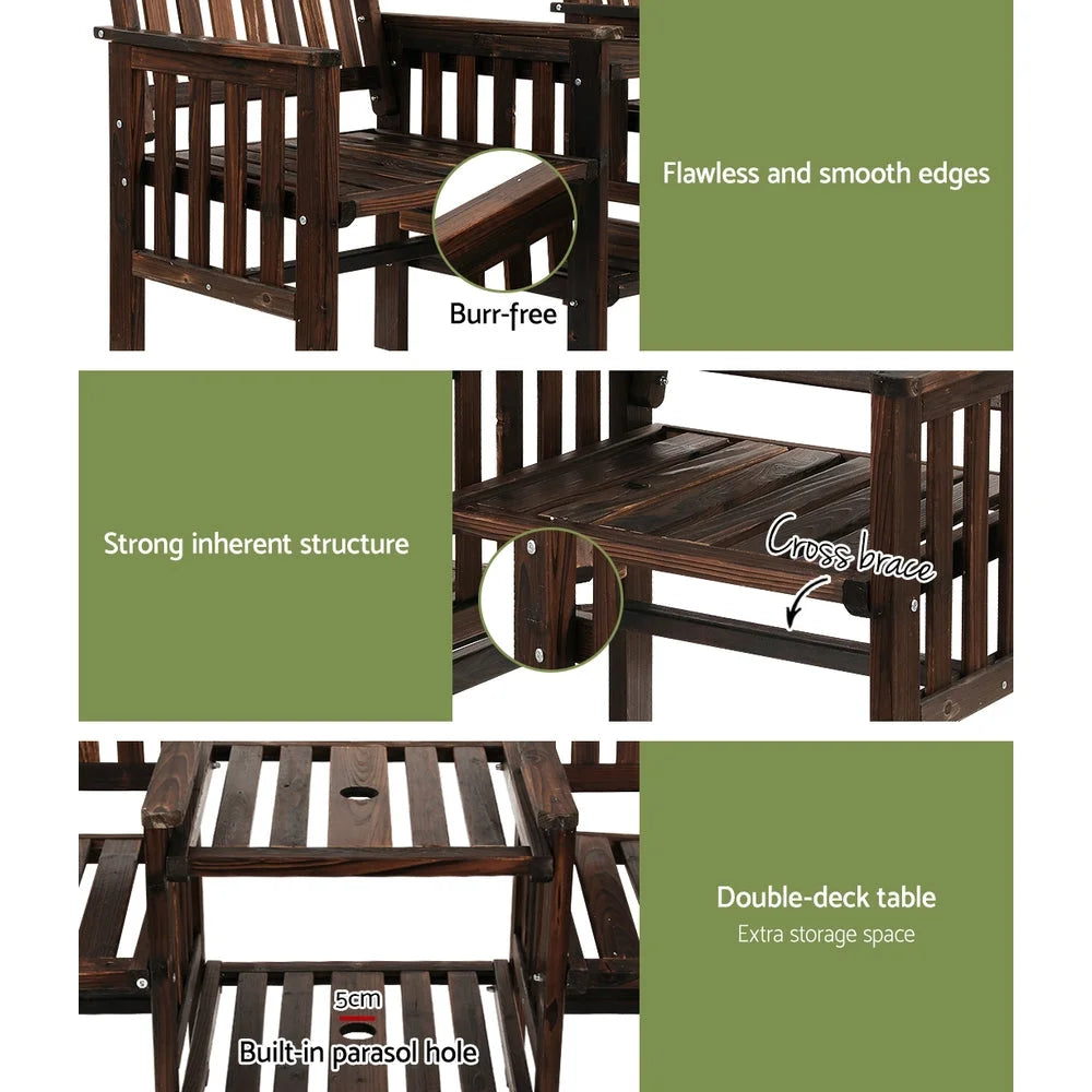 Garden Bench Loveseat & Table Wooden Outdoor Charcoal