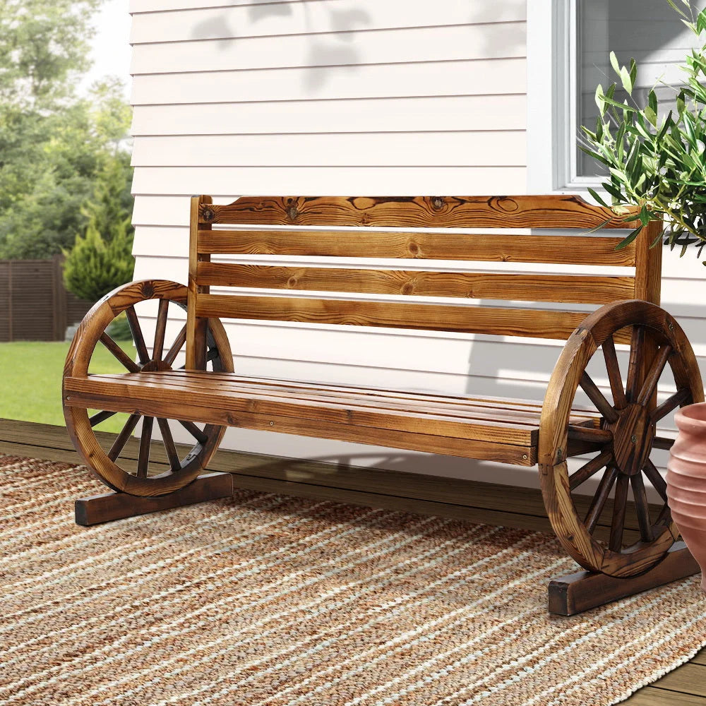 Wooden bench wagon chair with cushioned seat and backrest