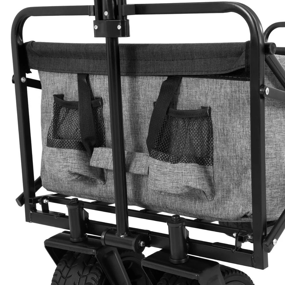 Grey storage cart with cupboard storage and rolling base