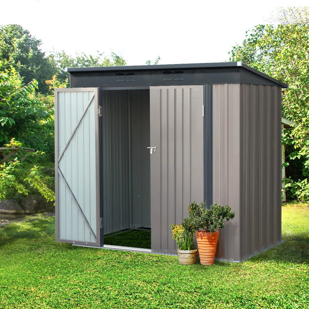 Steel 95x1 outdoor storage shed with double doors and corrugated metal walls