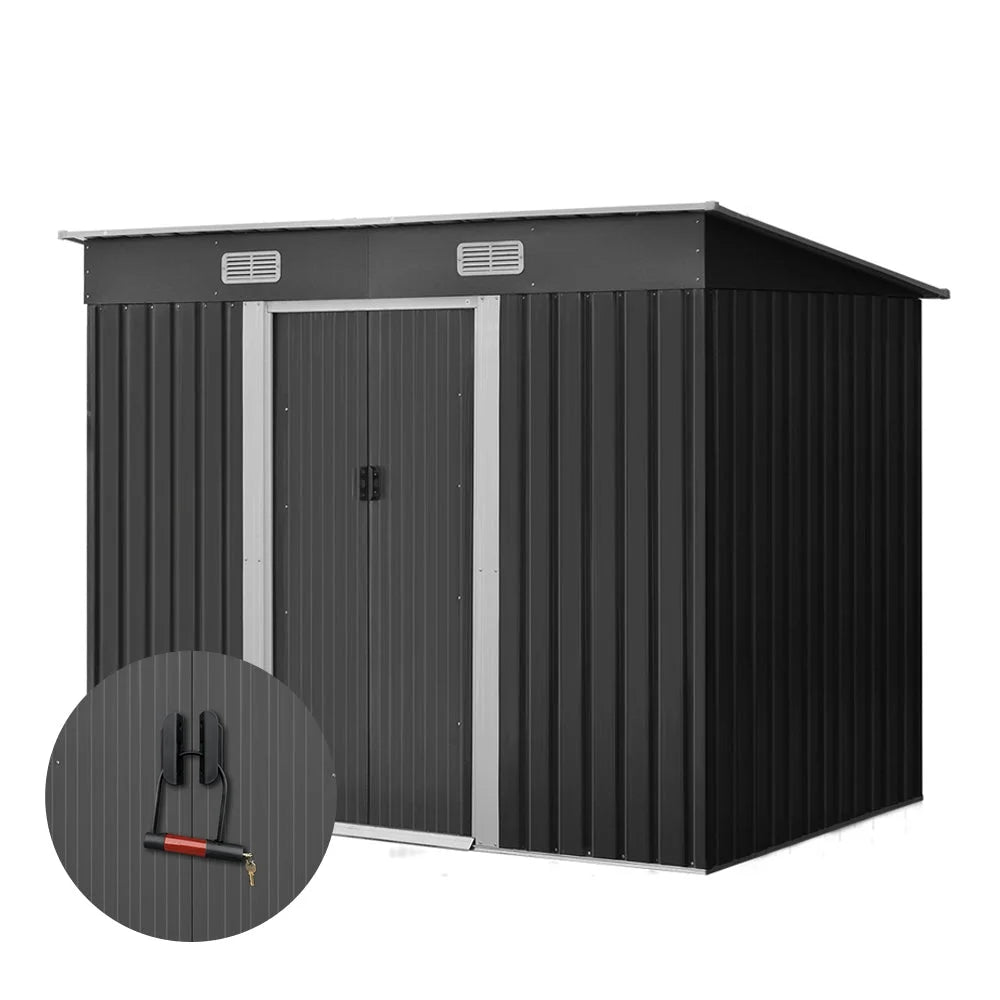 Grey steel 38x1 outdoor storage shed with sloped roof and outdoor storage doorway