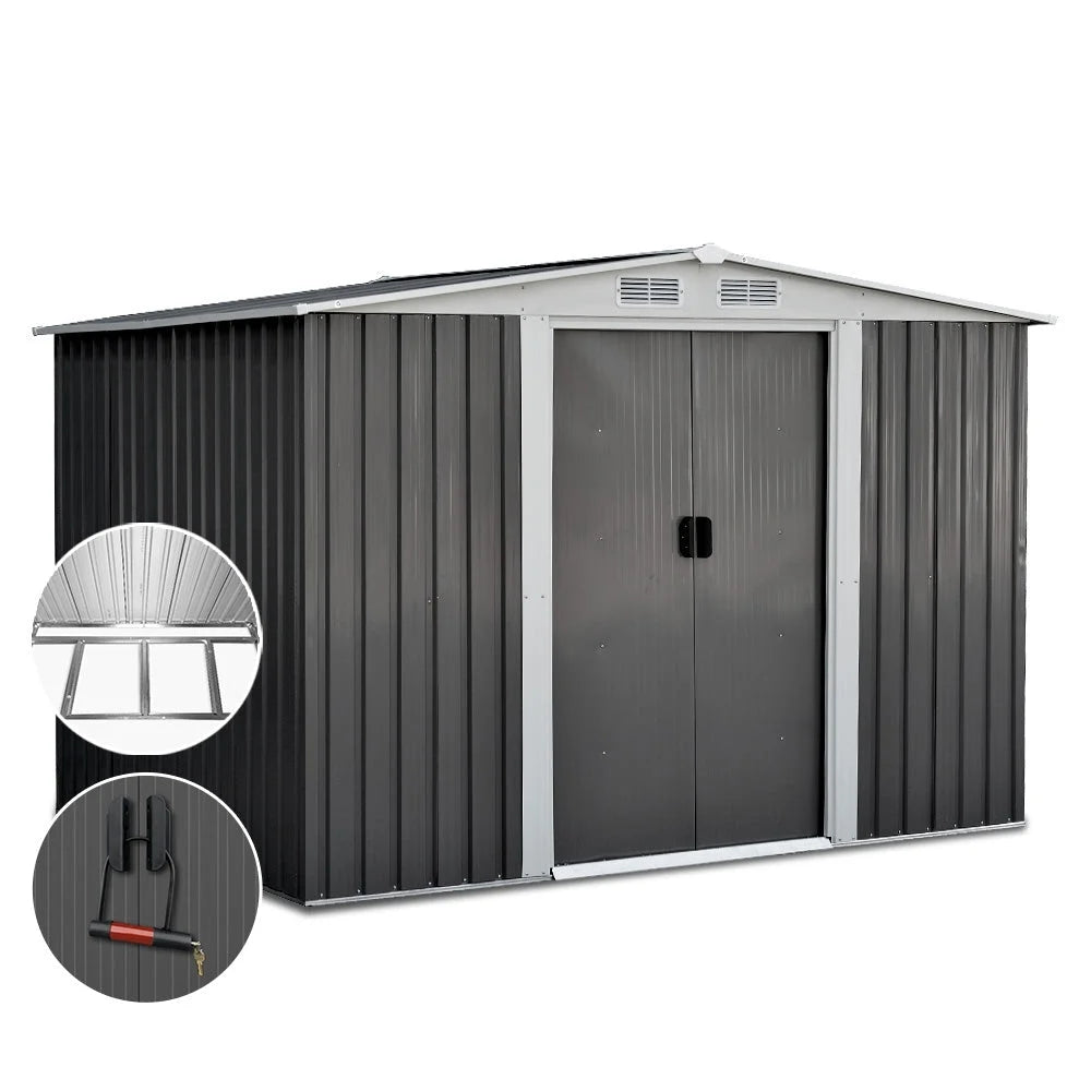 Grey steel 57x2 outdoor storage shed with metal wall panels and front entry doors