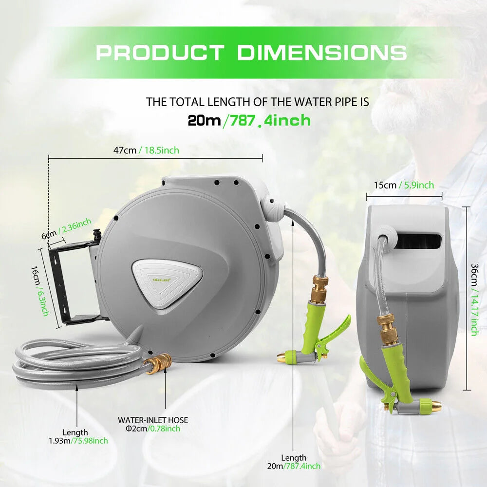 Garden Spray Gun Auto Rewind Wall Water Hose Reel 20M