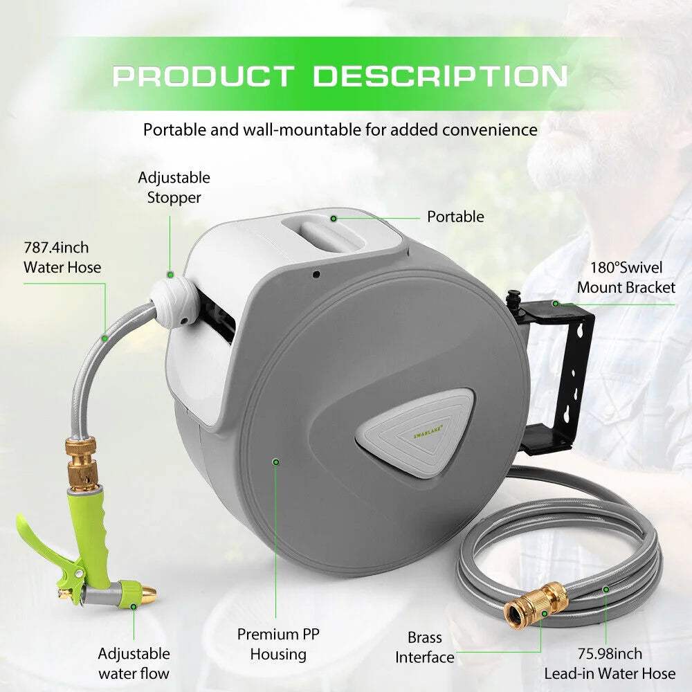 Garden Spray Gun Auto Rewind Wall Water Hose Reel 20M