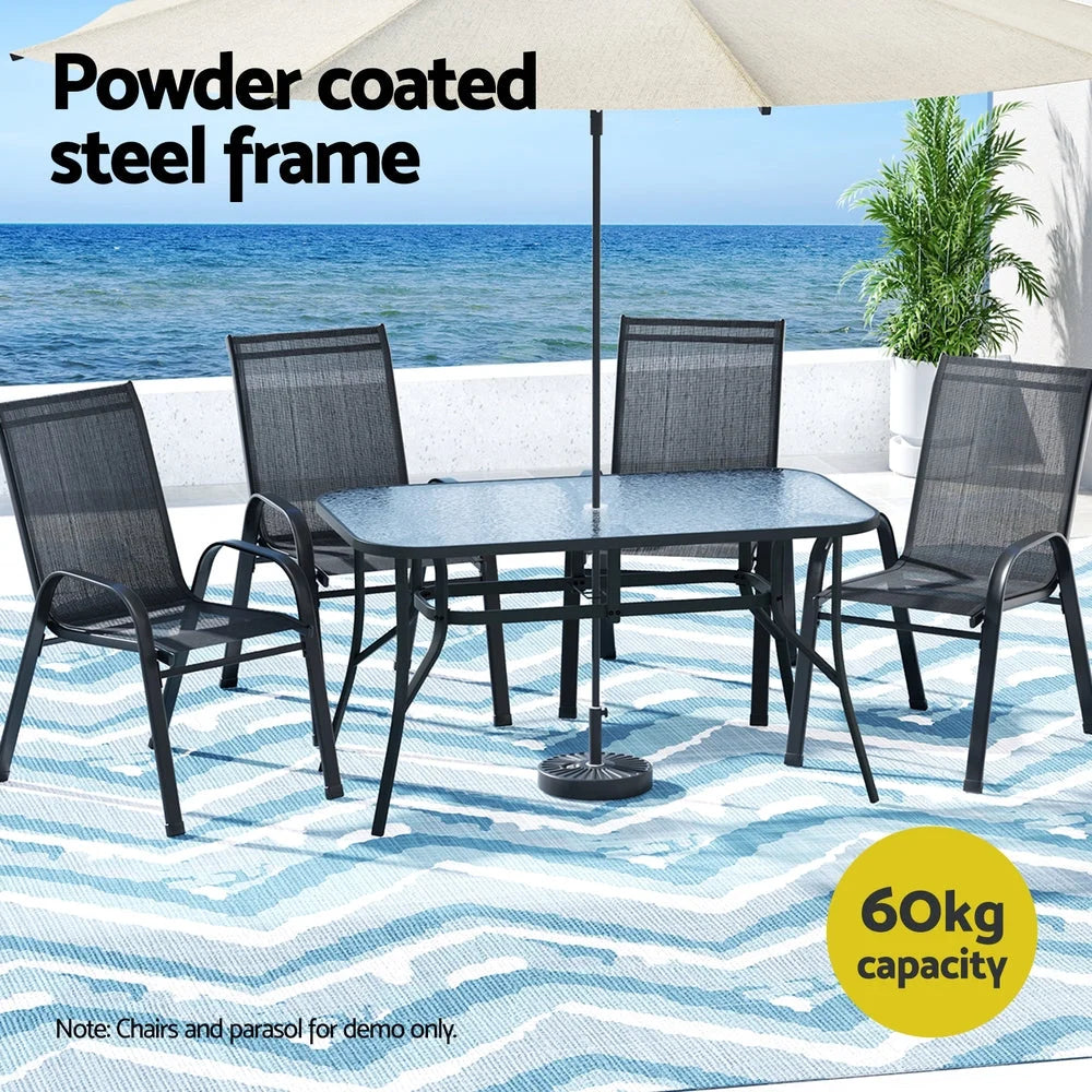 Black steel 140cm outdoor dining set with caster wheels and side handle rail