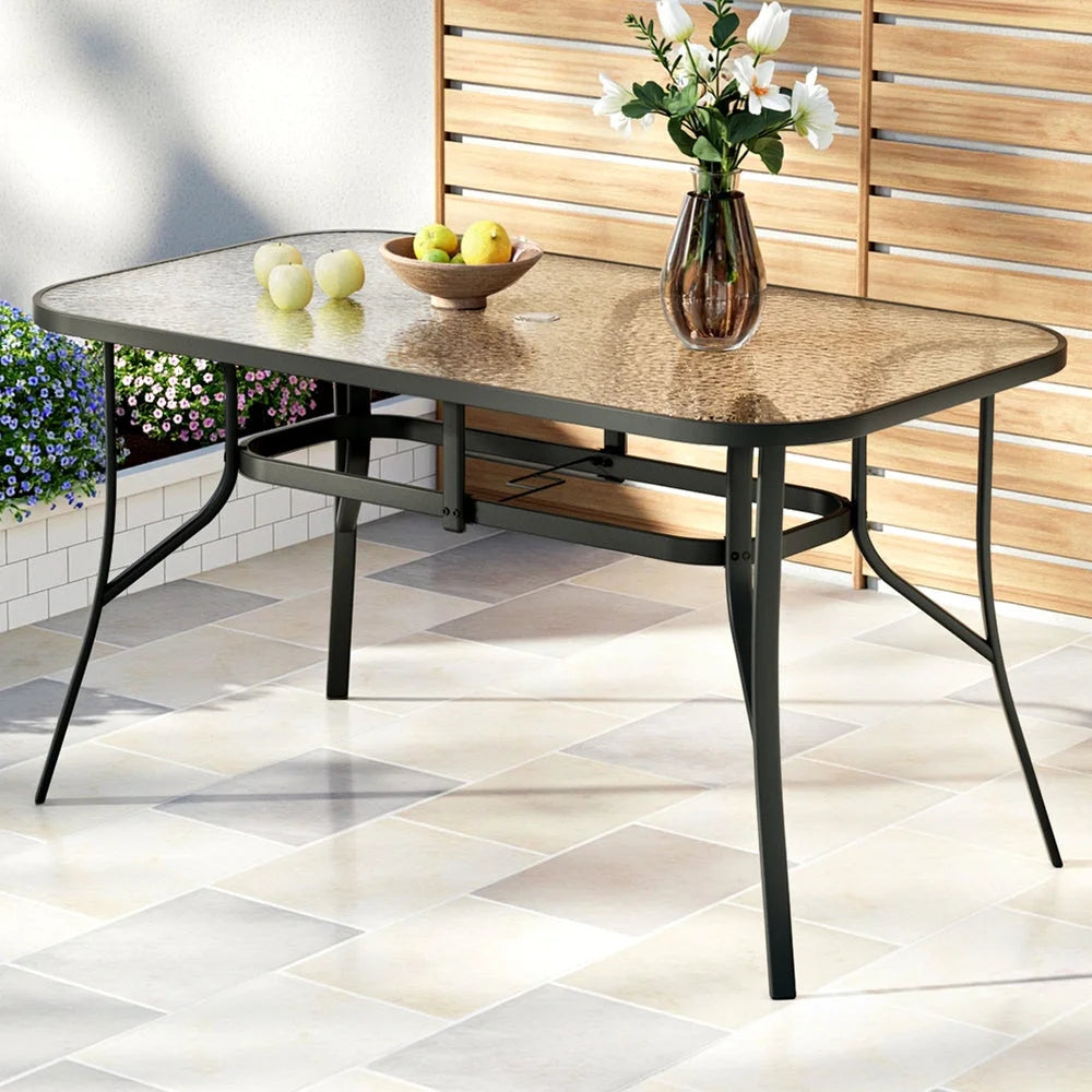 Outdoor dining set with caster wheels and side handle rail