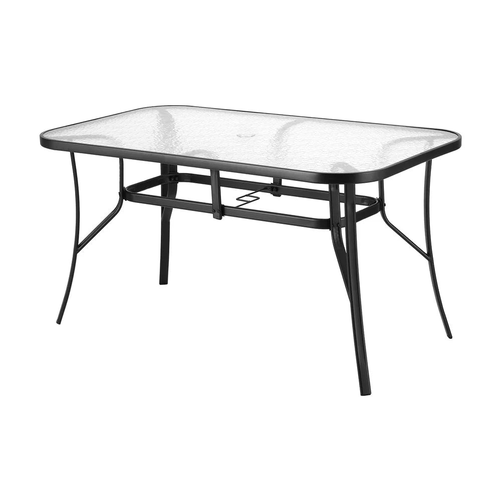 Black steel 140cm dining table set with matching accessories and clear item layout