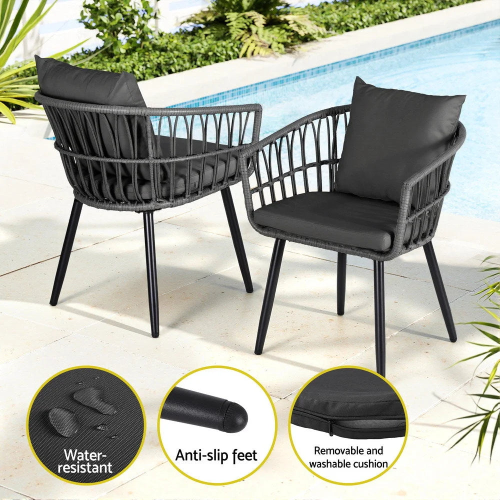 Grey outdoor lounge set with grey cushions and woven frame