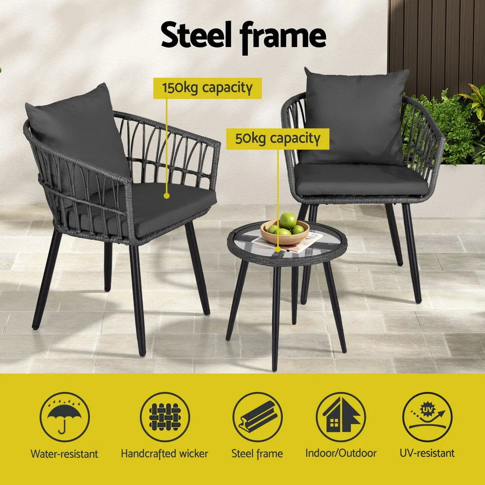 Grey outdoor lounge set with corner seats and table arrangement