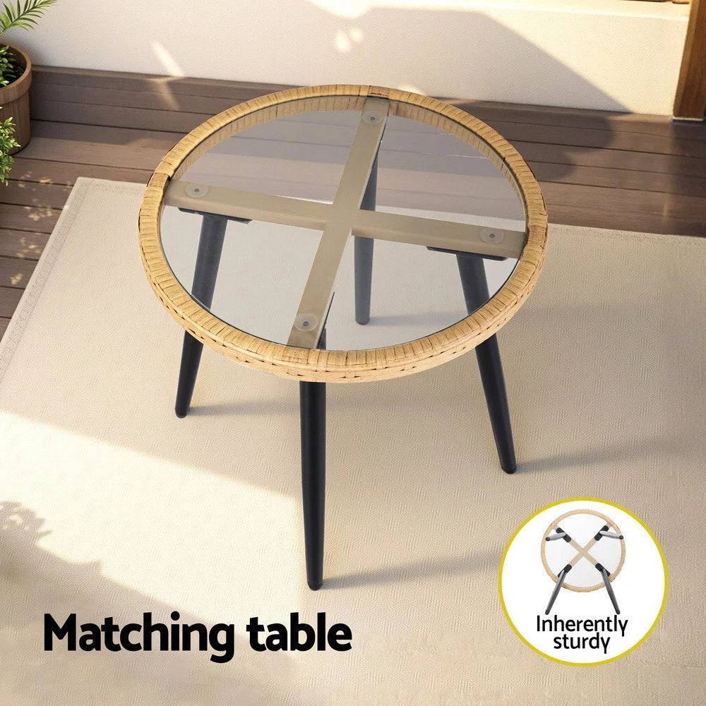 Outdoor lounge set with seat cushions and low coffee table