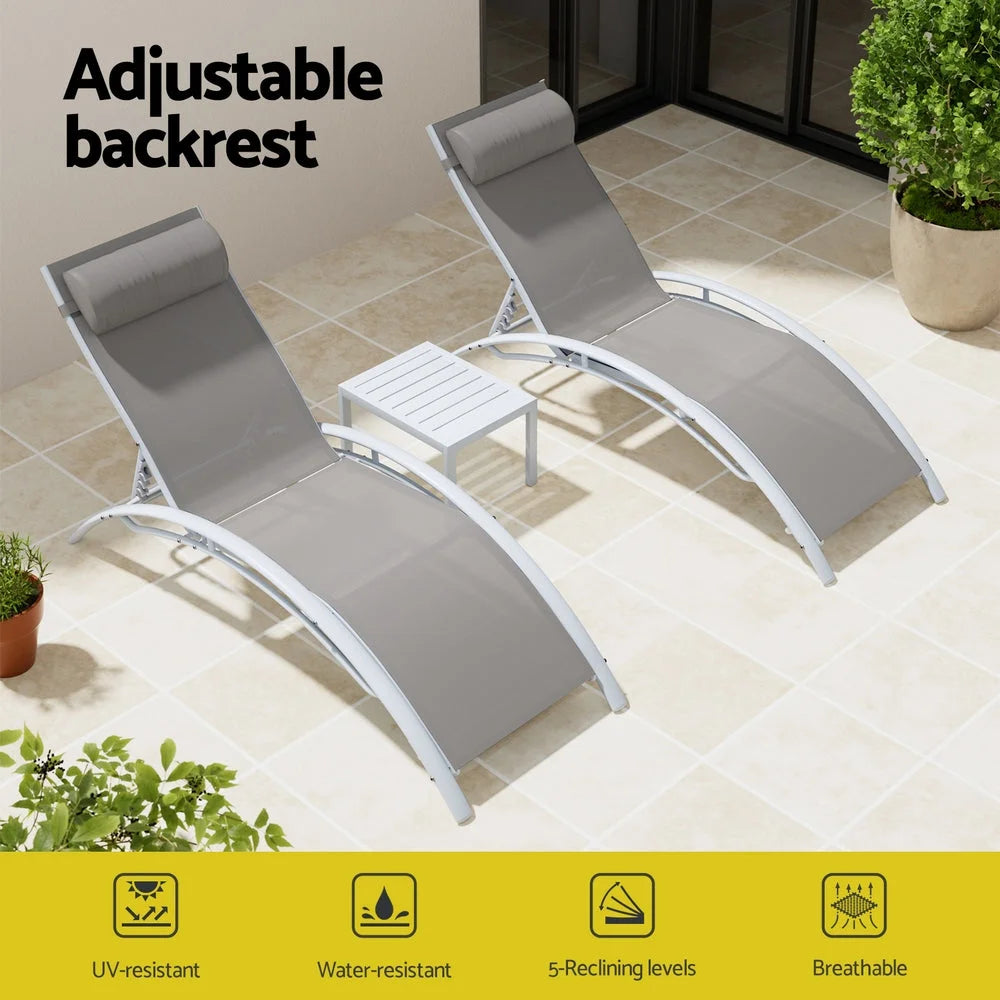 Steel outdoor sun lounge with reclining wooden chair and small side table