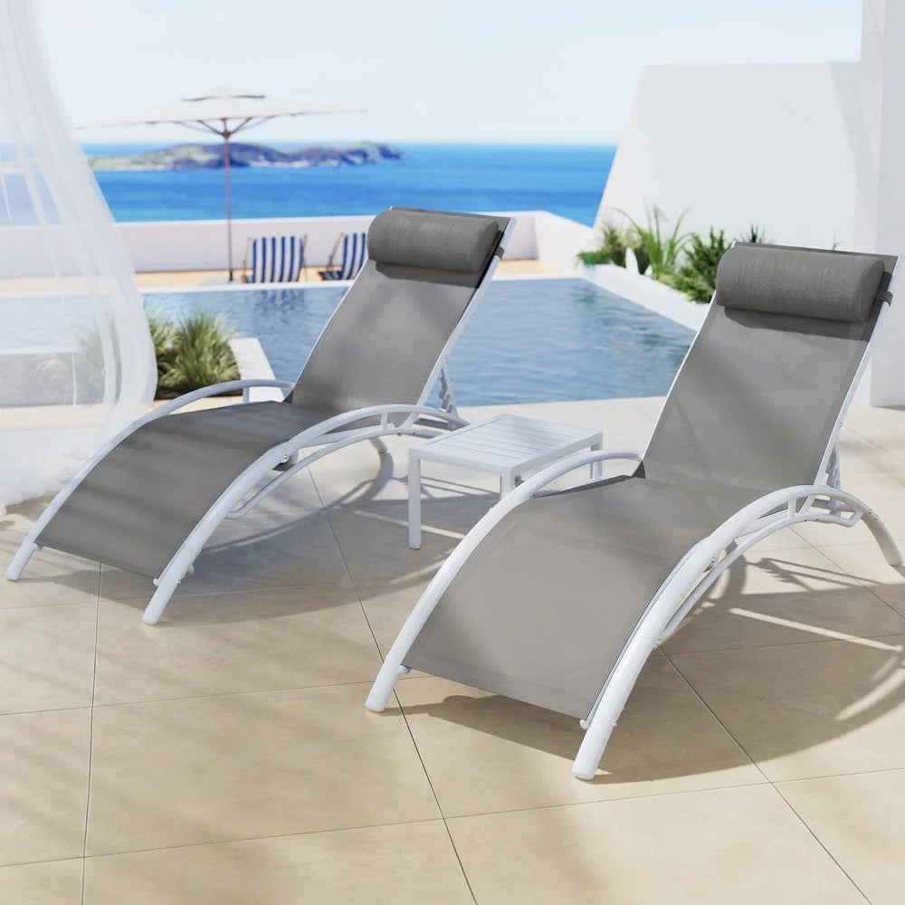 Steel outdoor sun lounge with caster wheels and side handle rail