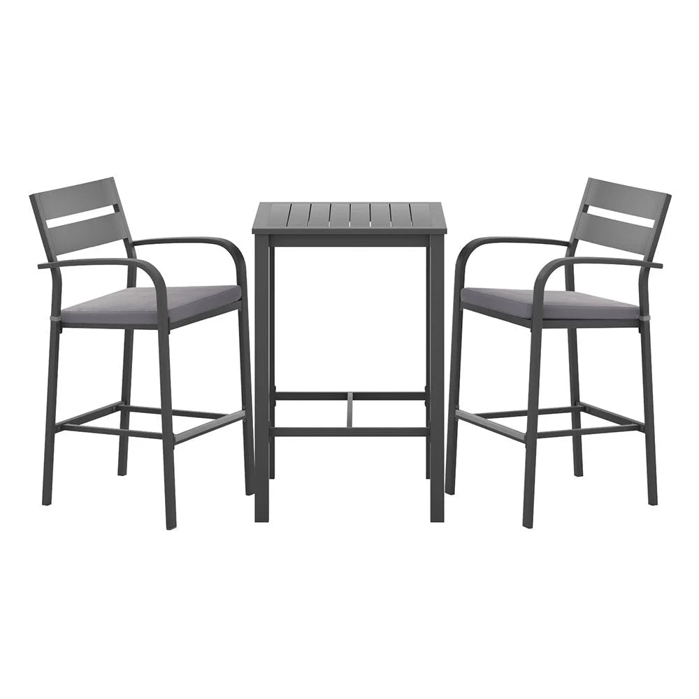 Black aluminium dining table with outdoor bar stools chairs