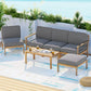 Wooden outdoor lounge set with grey cushions and woven frame