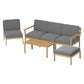 Wooden outdoor lounge set with seat cushions and low coffee table