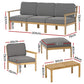 Wooden outdoor lounge set with patio seats and glass-top table