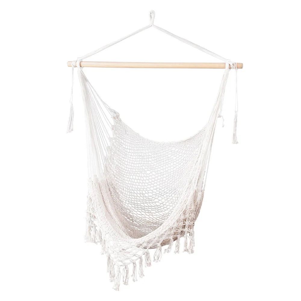 Cream mesh swing chair with cushioned seat and backrest