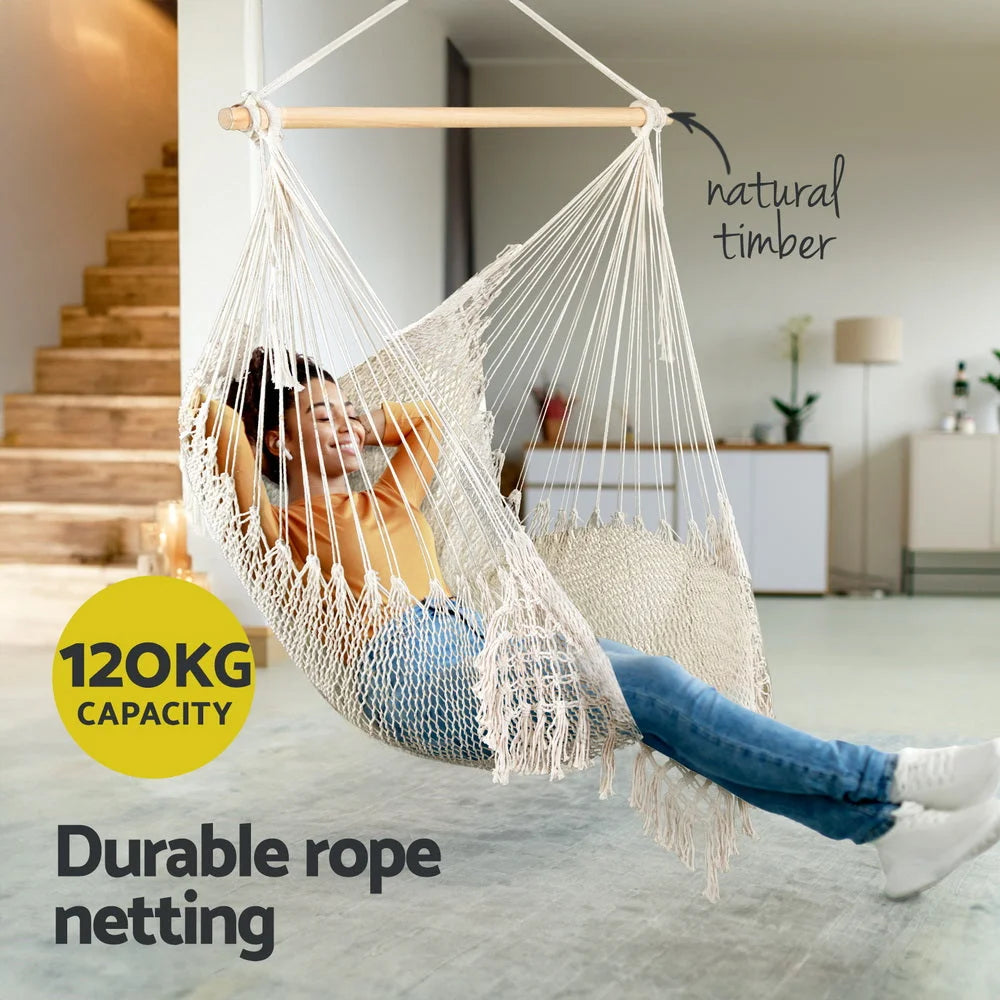 Gardeon Hammock Chair Swing Camping Mesh Cream - Home &