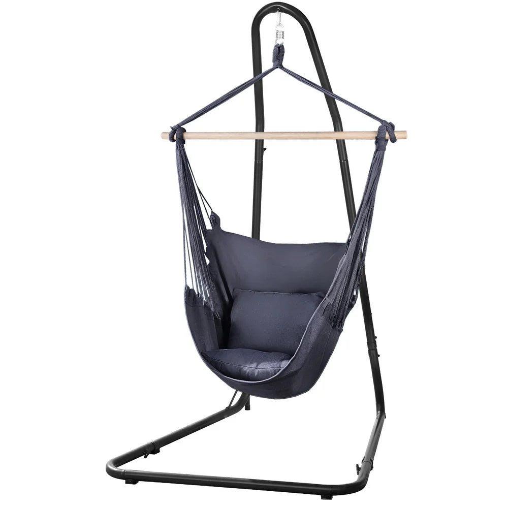Steel hammock chair with upholstered seat and curved back