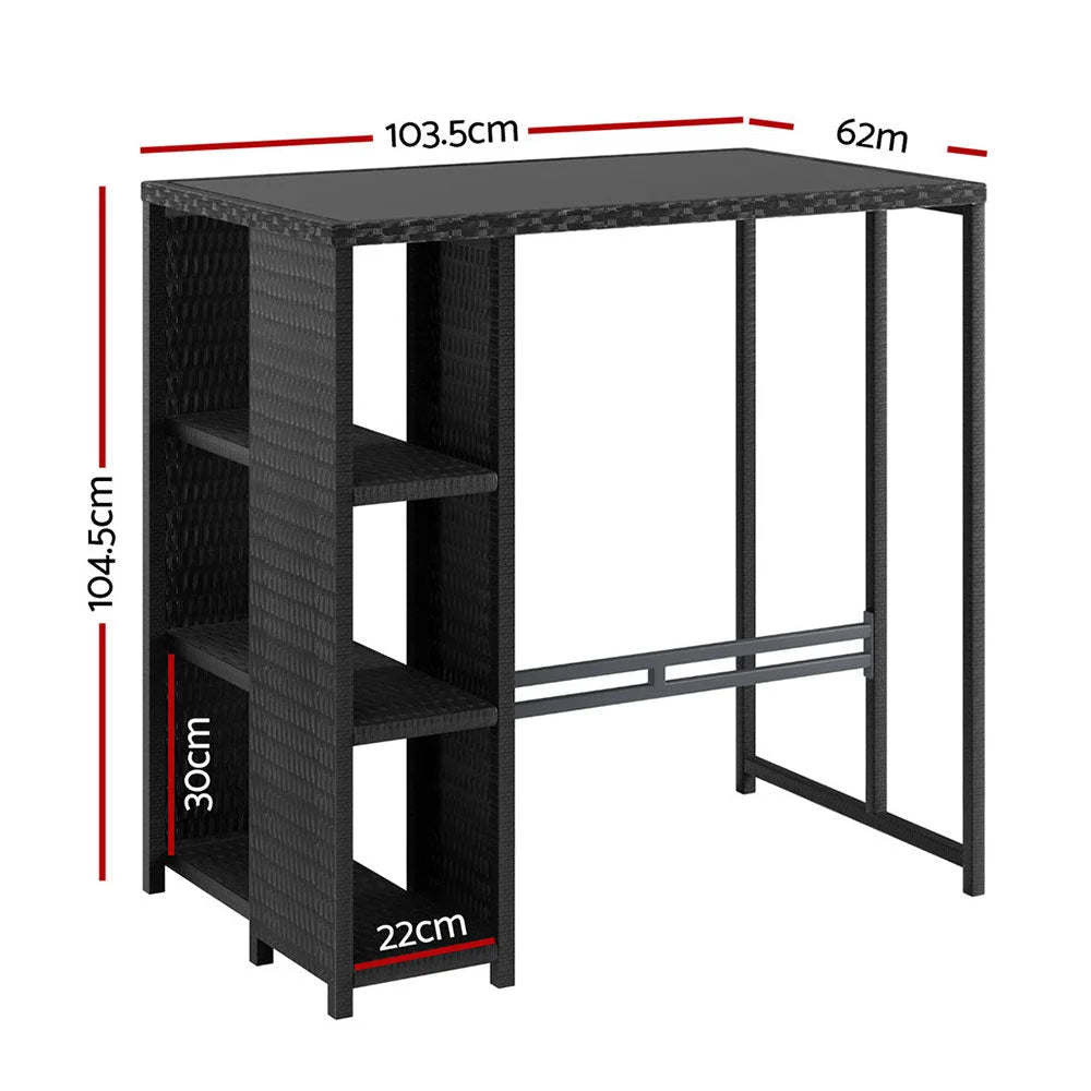 Black wicker bar table set with high table and padded stool seats