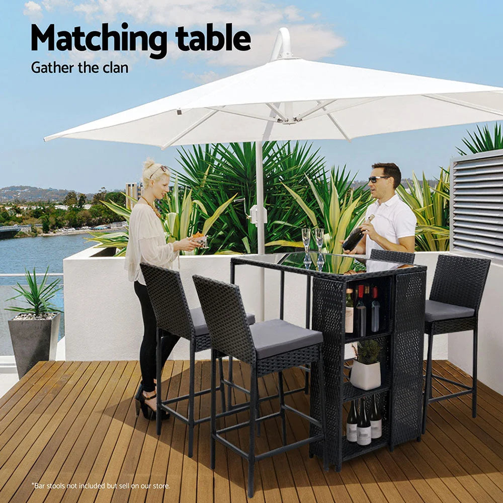 Black wicker bar table set with bar table and matching stool seats