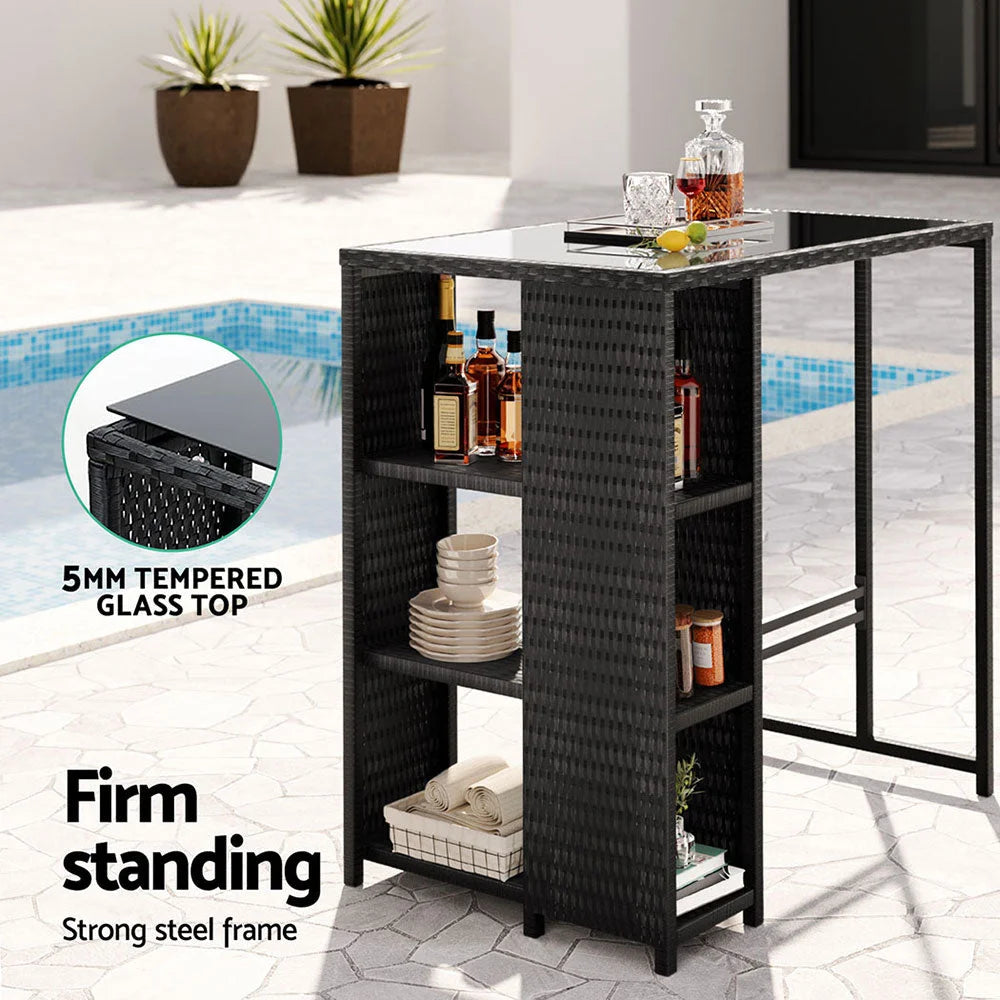Black wicker bar table set with pub table top and stool pair