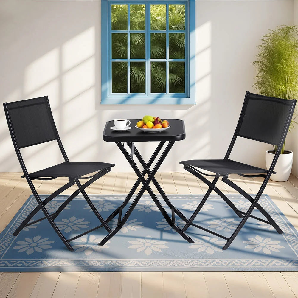 Black Set Table Outdoor Bistro Folding Chairs Patio Steel
