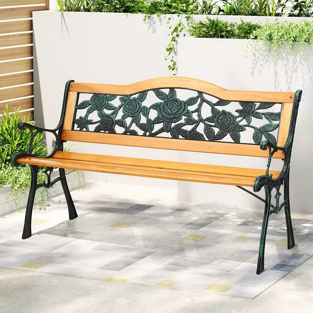 Wooden 126cm 3 outdoor bench seat with cast iron seater patio