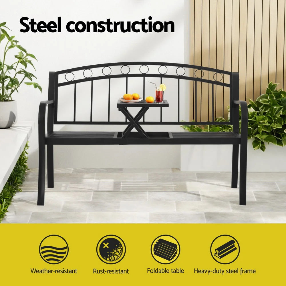 Gardeon Outdoor Garden Bench Seat Loveseat Steel Foldable Table Patio Furniture Black shown on the product page