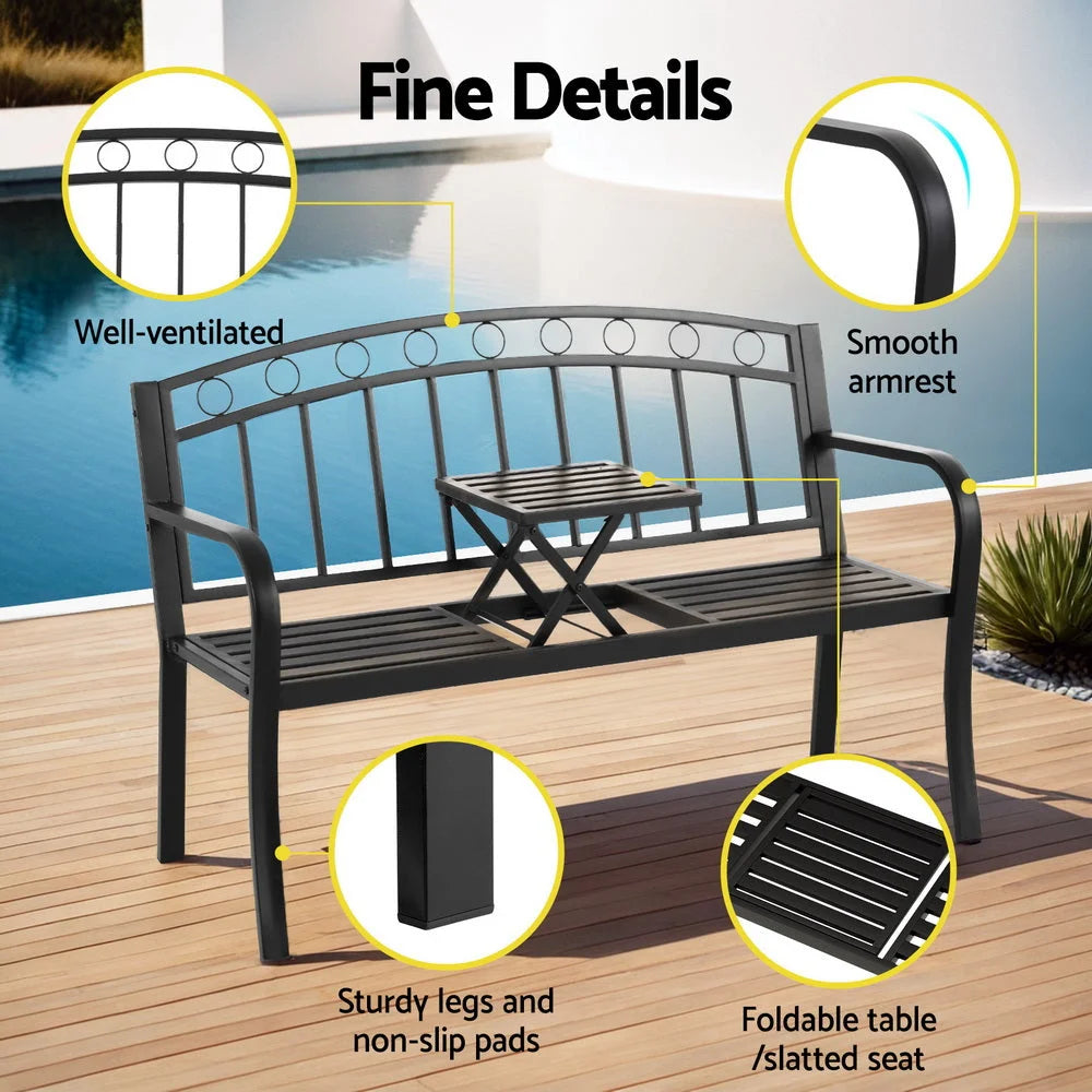 Gardeon Outdoor Garden Bench Seat Loveseat Steel Foldable Table Patio Furniture Black shown with visible product details