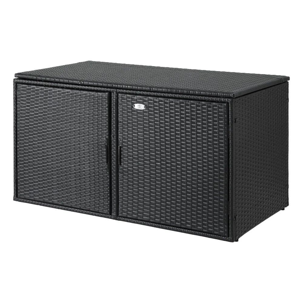 Black wicker storage cabinet with shelves and cupboard storage layout