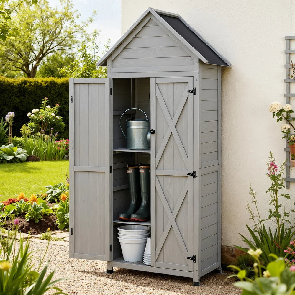 Grey storage cabinet with shelves and cupboard storage layout