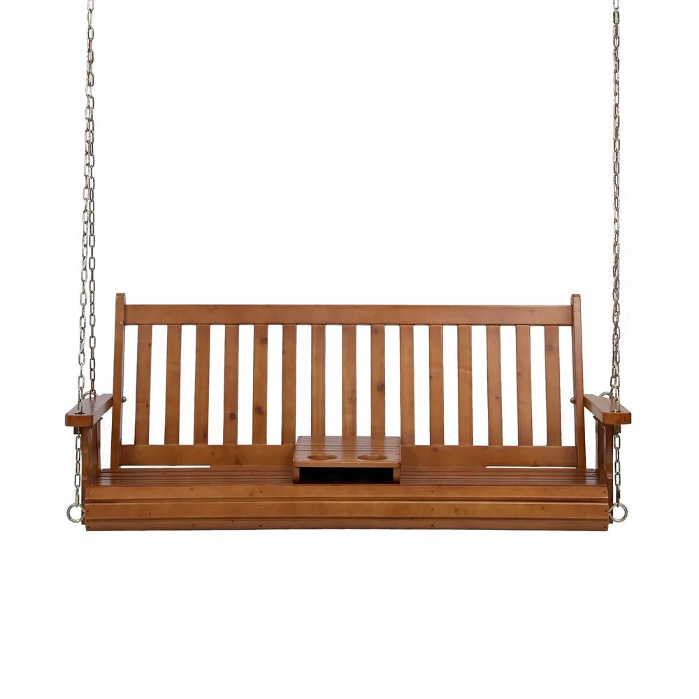 Porch Outdoor Swing Chair Patio Furniture Wooden Bench 2 Seat Cup Holder