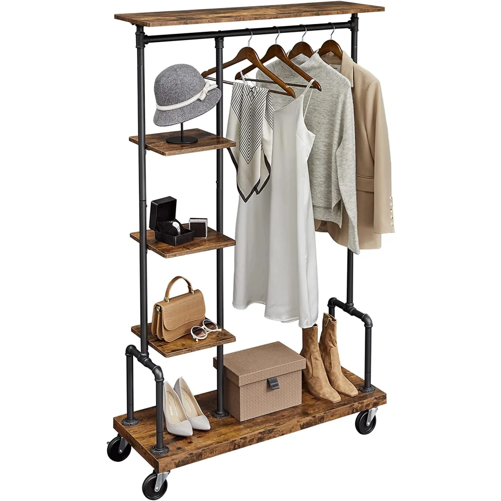 Garment Clothing Rack on Wheels 5-Tier Industrial Pipe