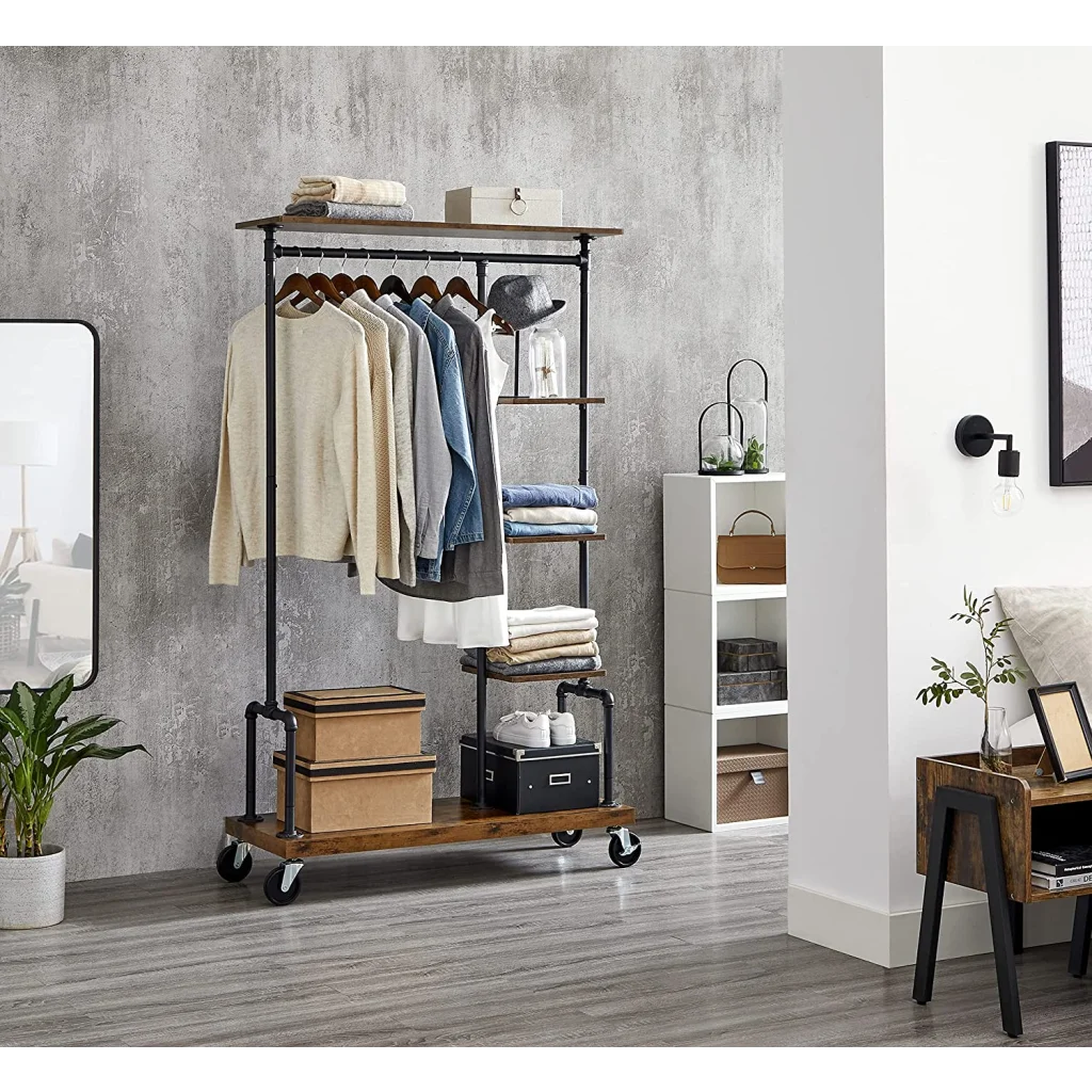 Garment Clothing Rack on Wheels 5-Tier Industrial Pipe